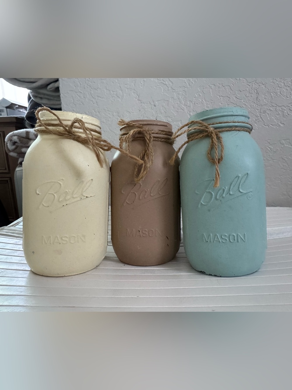 Rustic Pastel Painted Ball Mason Jar Trio Yellow, Brown, Blue Vintage Distressed